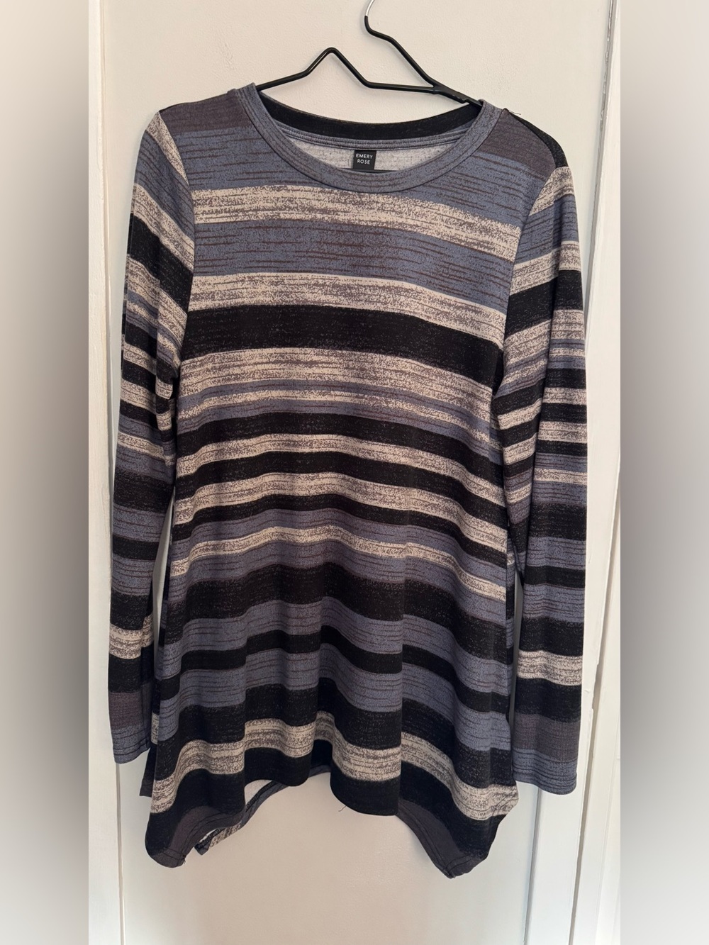 Emery Rose Striped Boho Tunic Top Large Long Sleeve Asymmetrical Hem